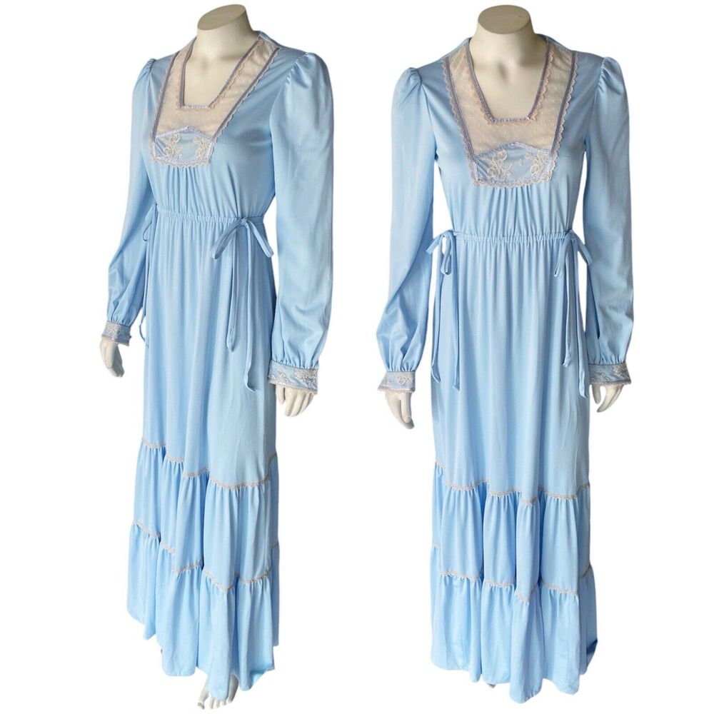 Jody T of California Sky Blue Prairie Boho Maxi Dress 70s Size 9